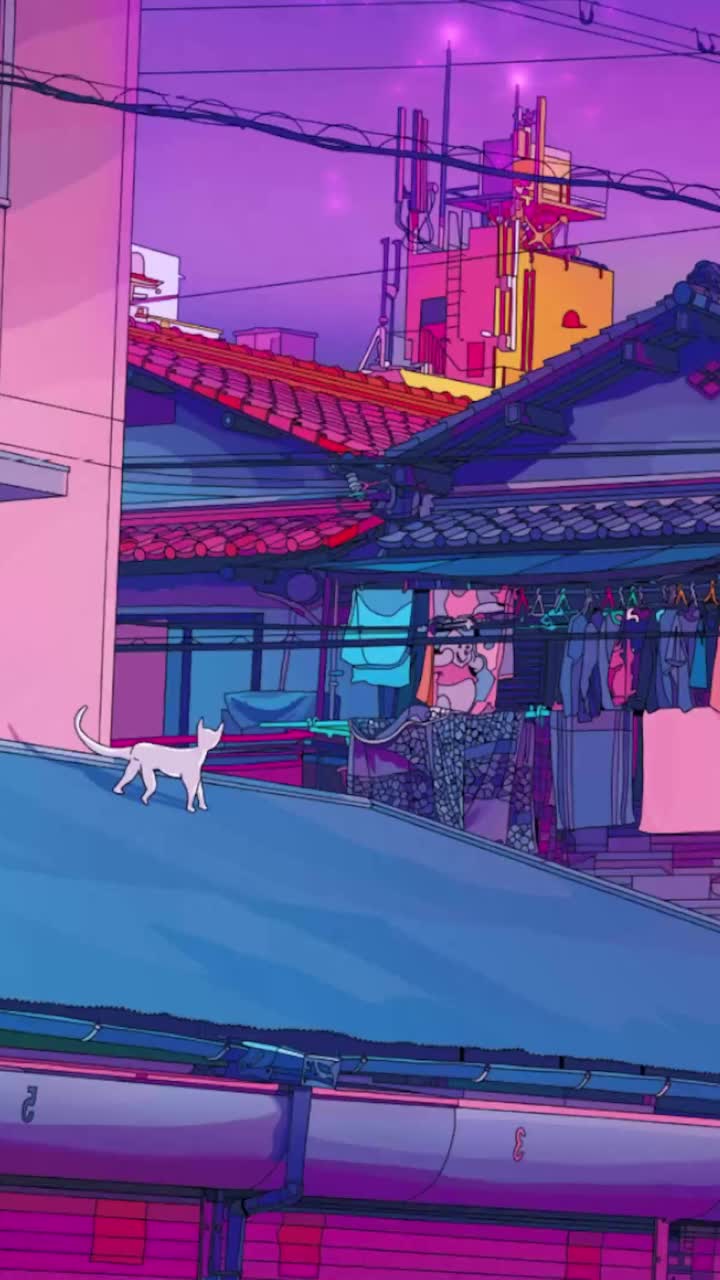 Aesthetic Tokyo With Cat On The Roof Live Wallpaper