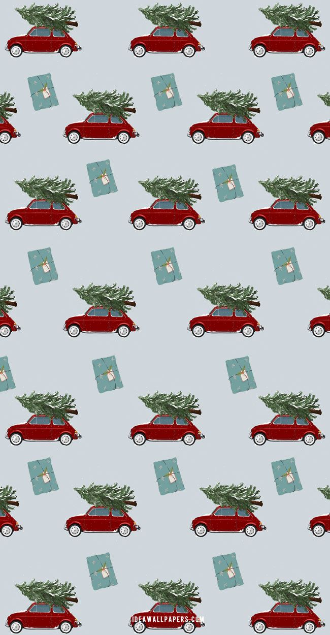 A blue background with red cars carrying Christmas trees and presents. - Christmas, cute Christmas