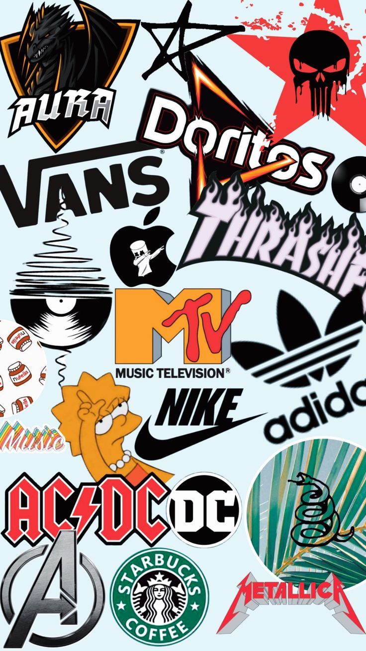 A wallpaper of many different brands such as vans, mtv, nike, and starbucks. - Doritos