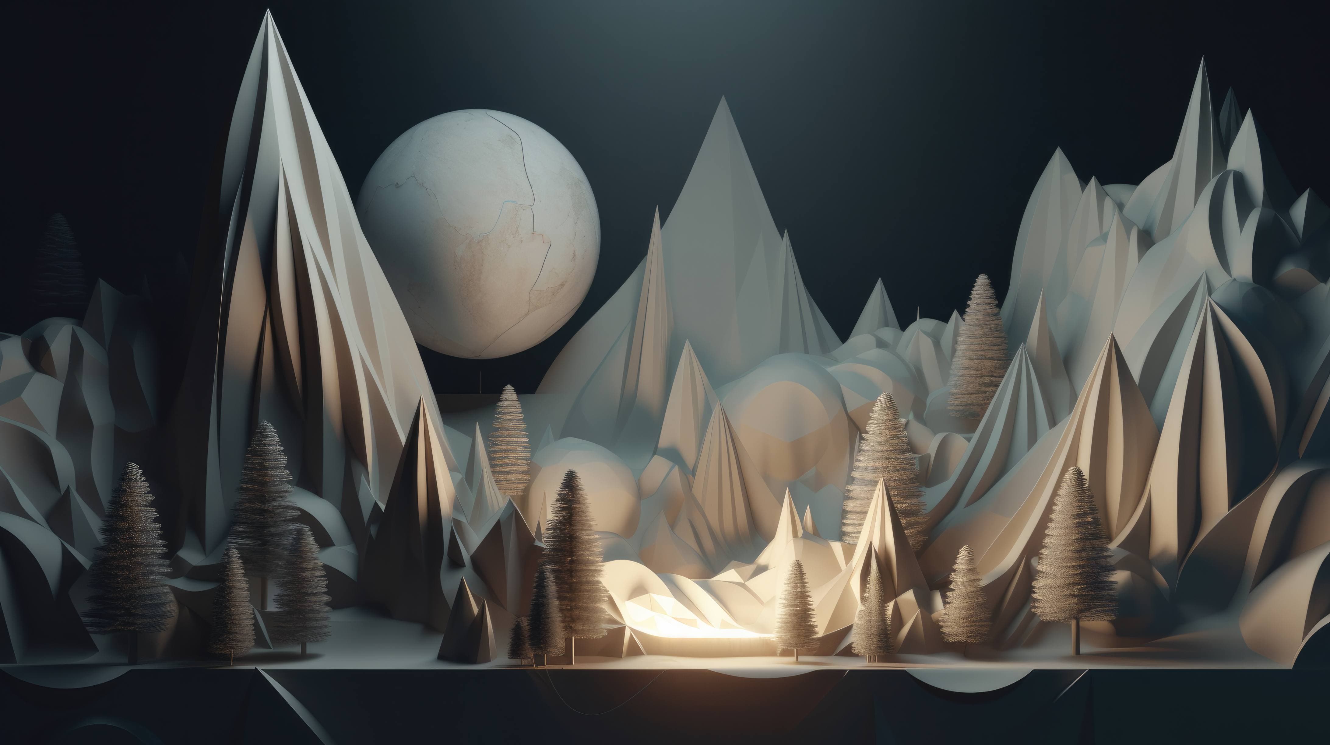 3D abstract landscape shapes and atmospheric lighting and mysterious
