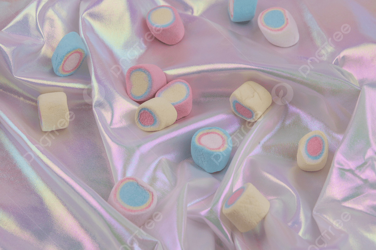A photo of pink and blue marshmallows on a holographic background - Marshmallows