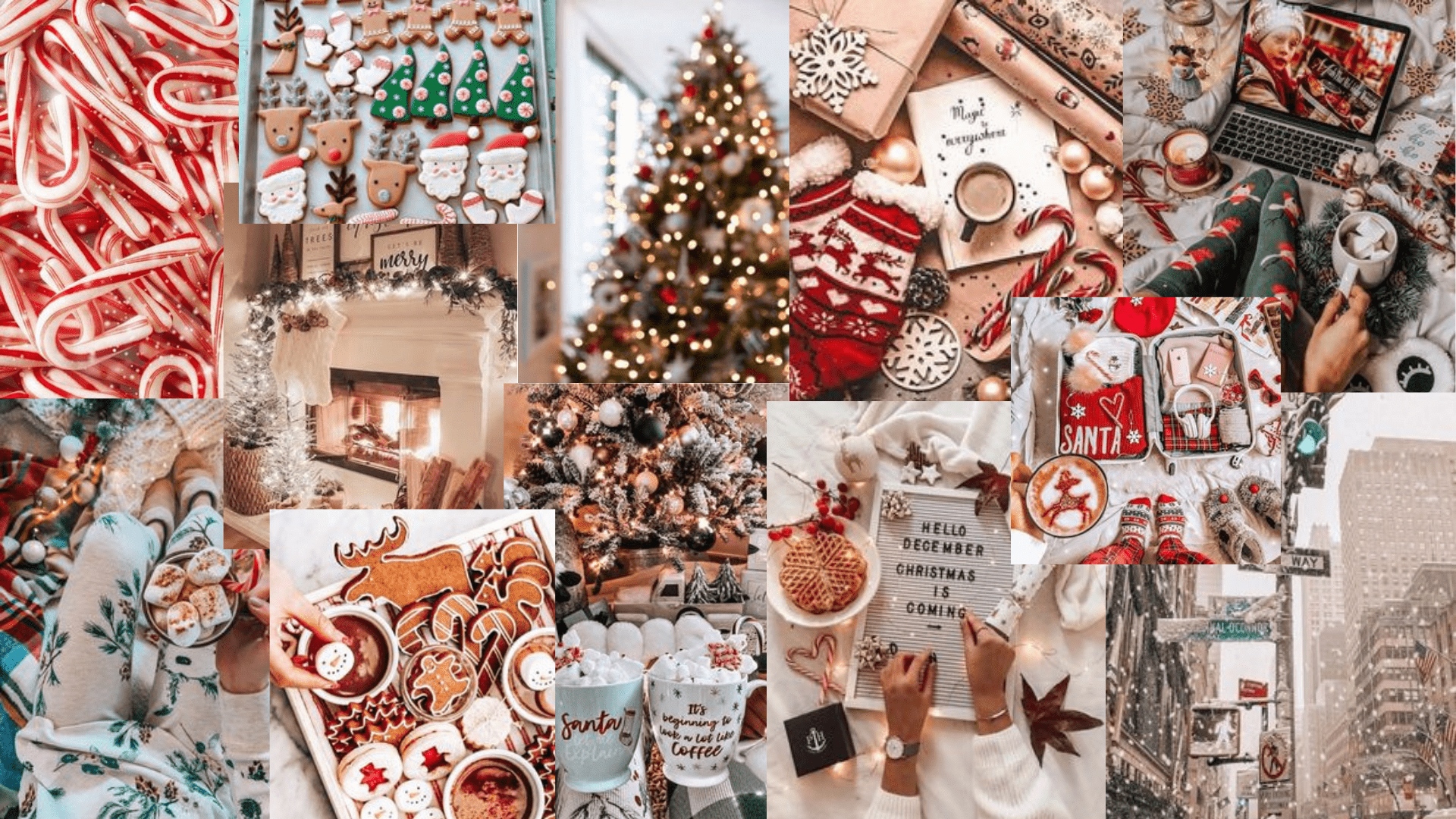 A collage of Christmas themed images including a Christmas tree, gingerbread cookies, and a cup of hot chocolate. - Christmas