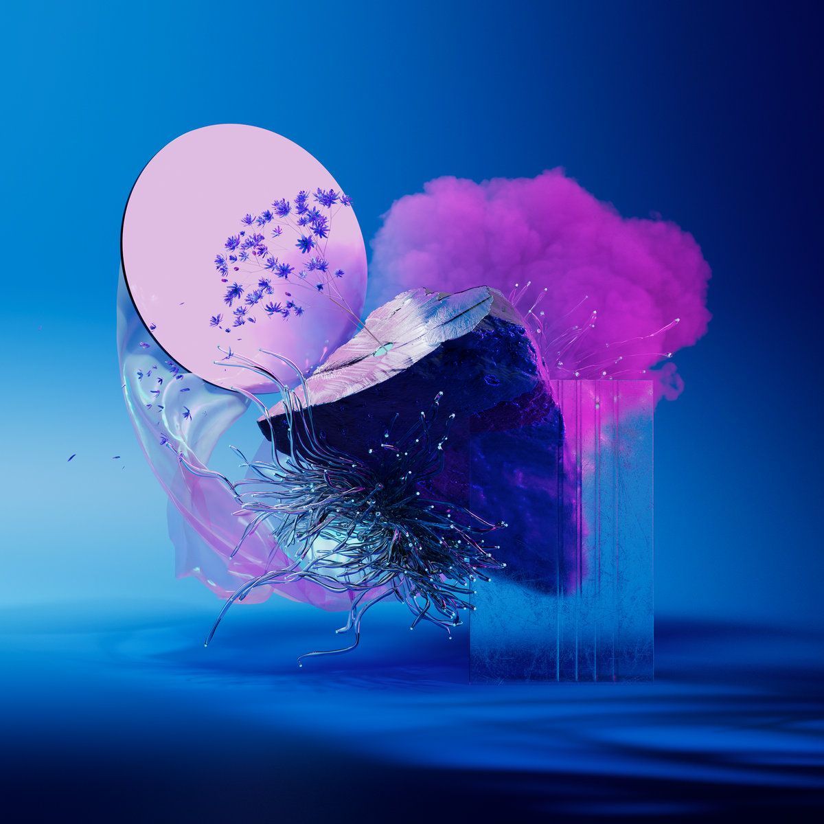 A digital artwork with a blue background and a pink cloud. - Balance