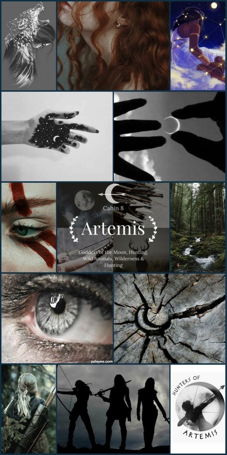 A collage of images related to Artemis, including images of the moon, arrows, and a deer. - Artemis