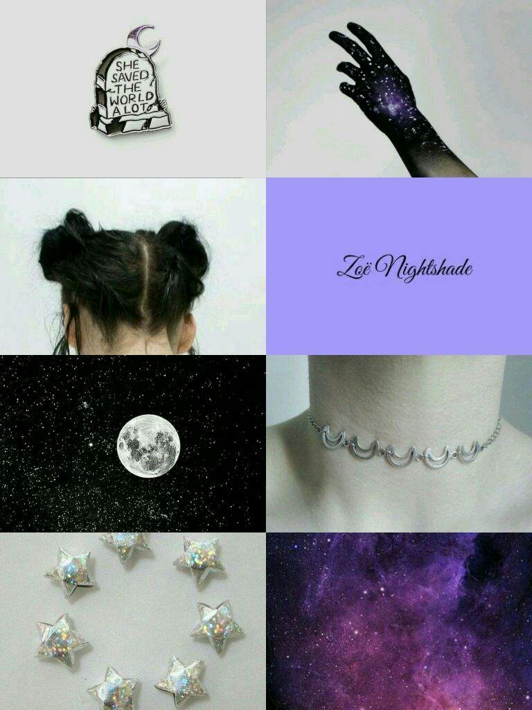 Collage of a purple aesthetic with a galaxy background, a black and white photo of a girl's hair, a moon and stars, and a choker - Artemis