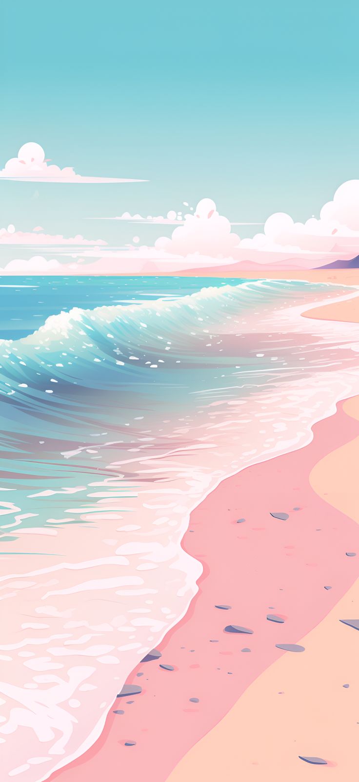 Illustration of a beach with sand, sea, waves, and sky - Android