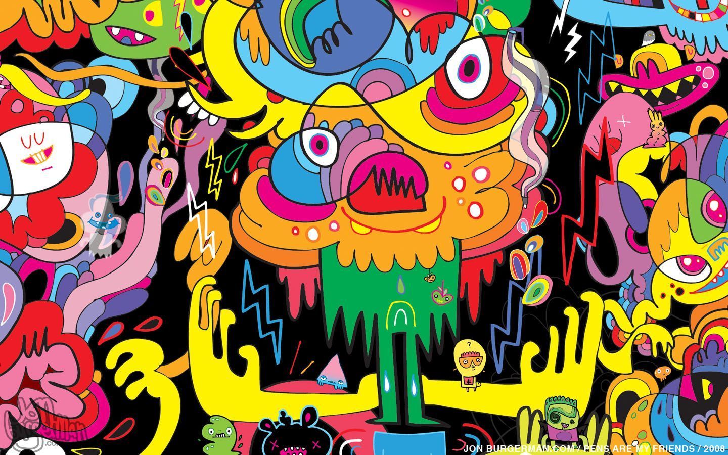 A colorful, abstract illustration of a group of people with large eyes and multiple arms. - 1440x900