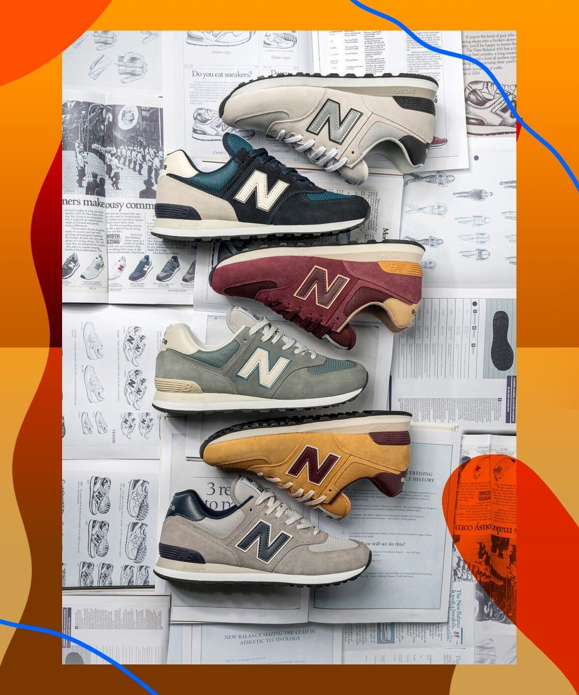 A collage of New Balance sneakers on top of a newspaper - New Balance