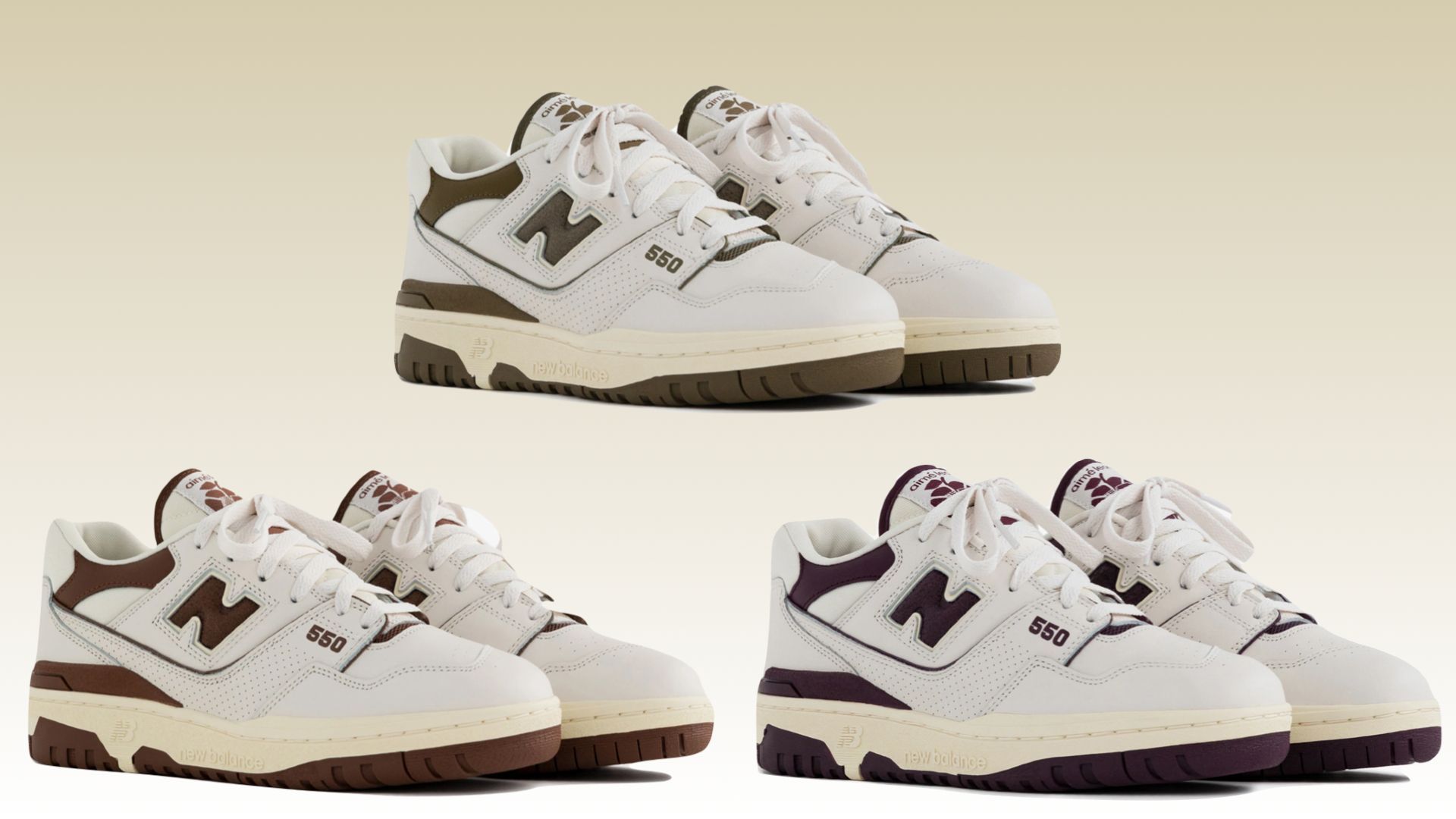 Three shots of the New Balance 550 sneakers in white, brown, and purple. - New Balance