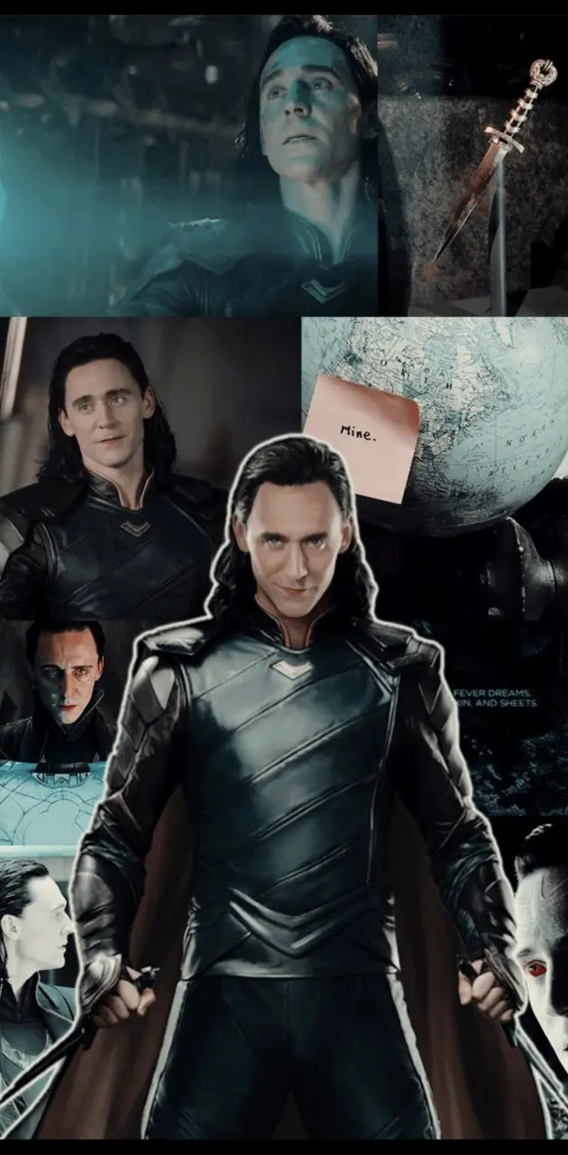 A collage of pictures of Tom Hiddleston as Loki in the Thor movies. - Loki