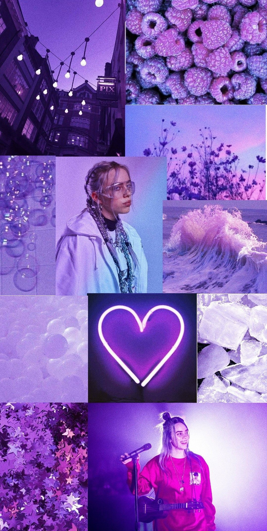 Aesthetic purple phone background with images of Billie Eilish, flowers, and a heart - Purple, lavender