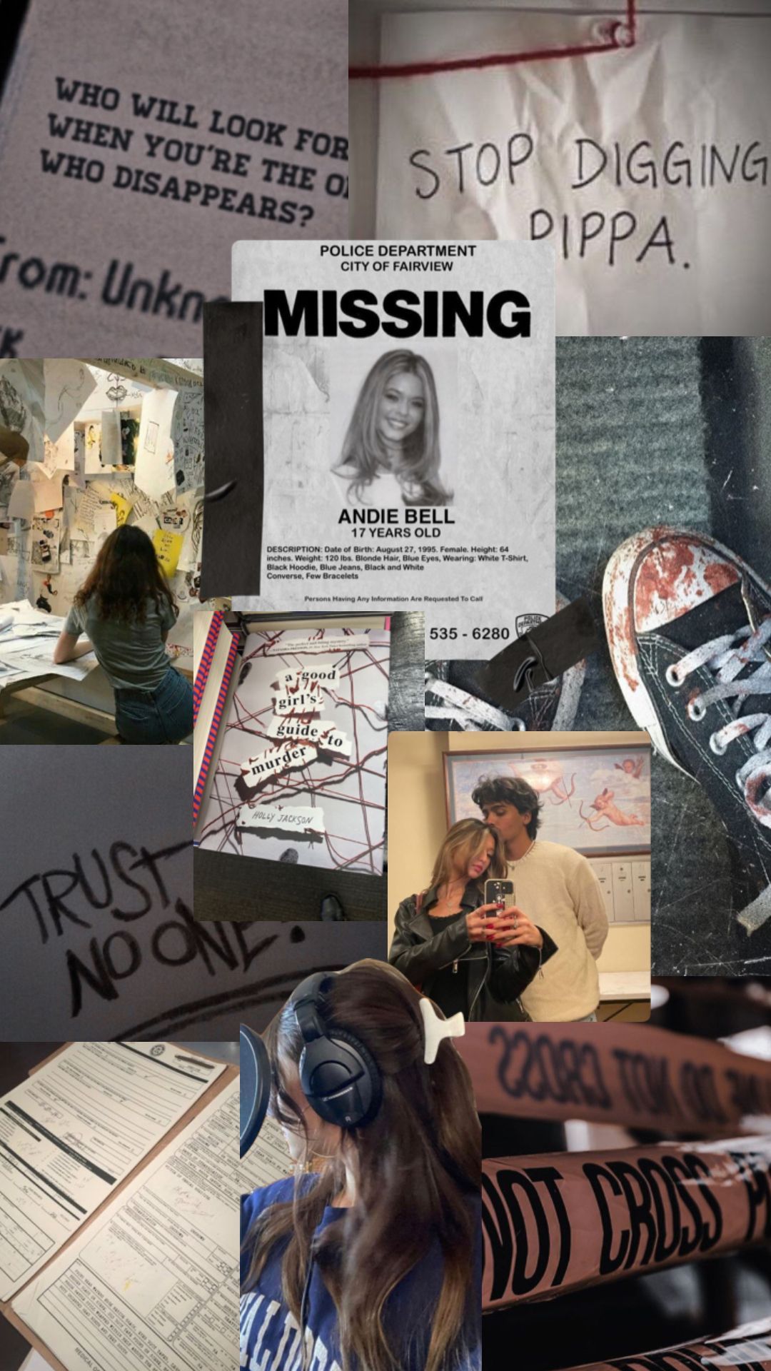 A collage of missing posters, police reports, and social media posts surrounding the story of Andie Bell. - Converse