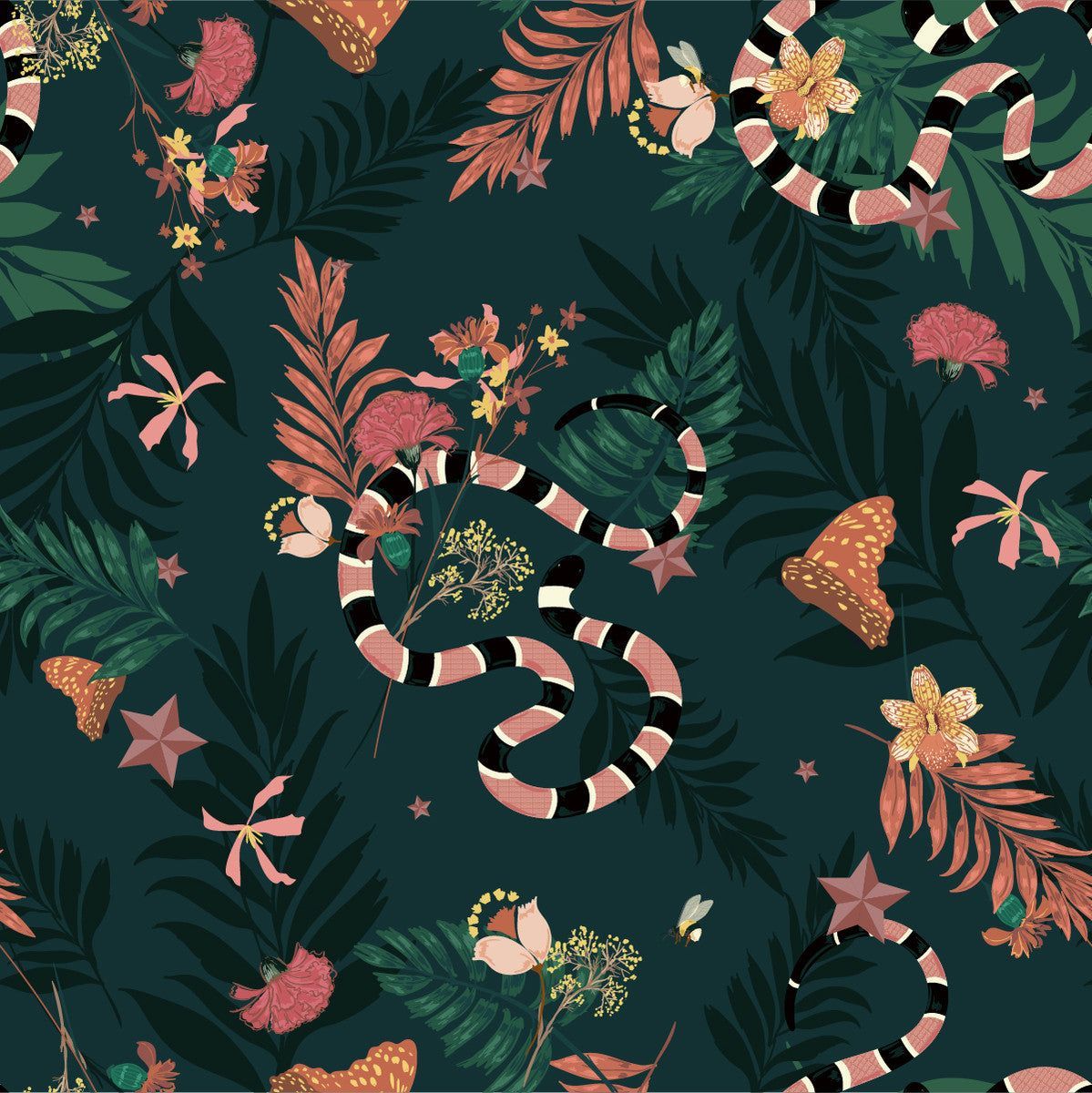 A snake and flowers on a dark green background - Jungle