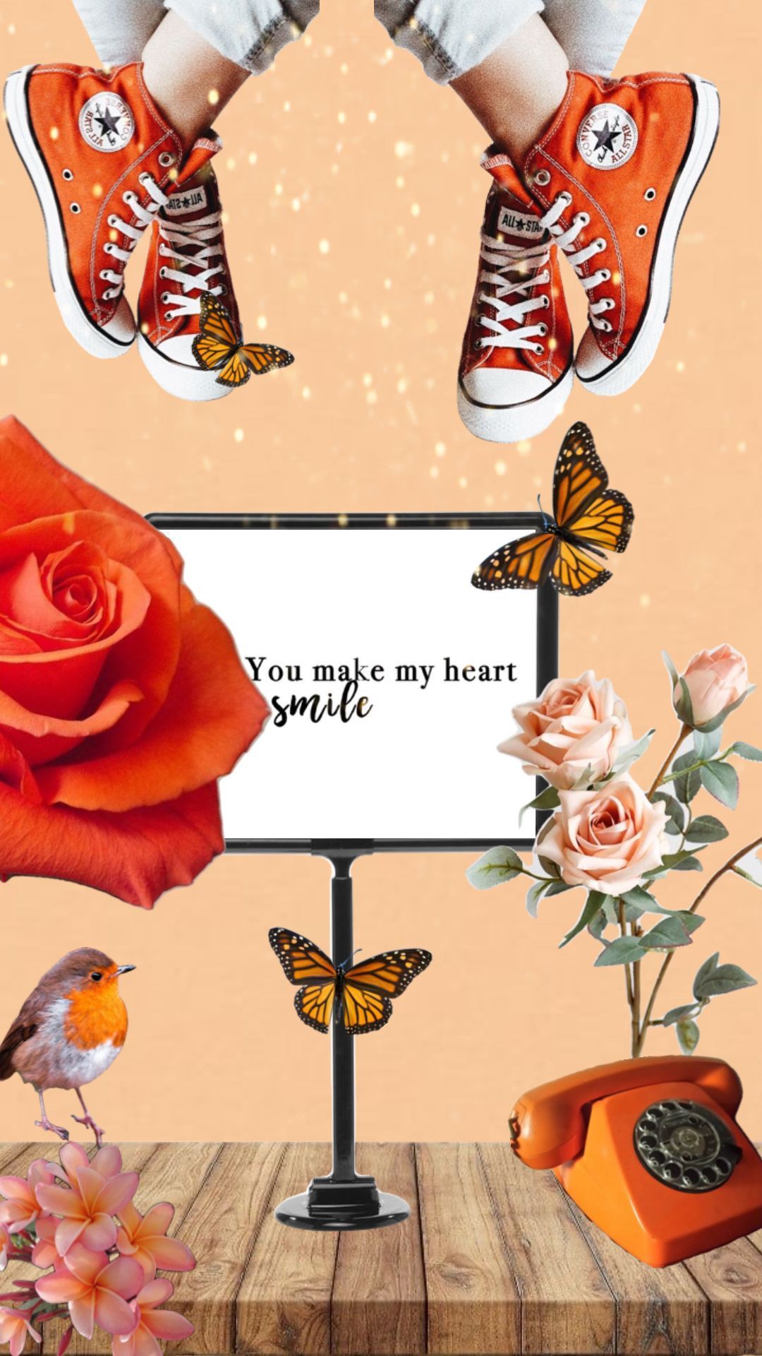 Collage of a girl's feet in orange converse, flowers, butterflies, and a rotary phone. - Converse