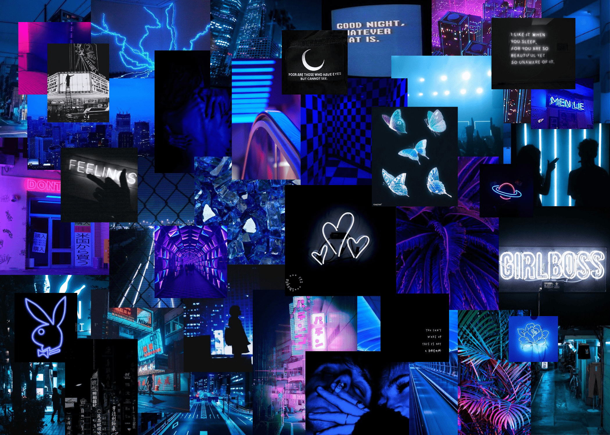 A collage of pictures with neon lights - Laptop, neon, neon blue, technology
