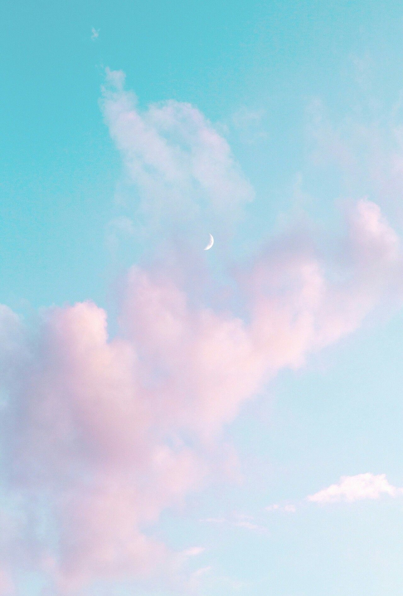 Aesthetic phone wallpaper of a crescent moon in a blue sky with pink clouds - Pastel, cloud, light blue