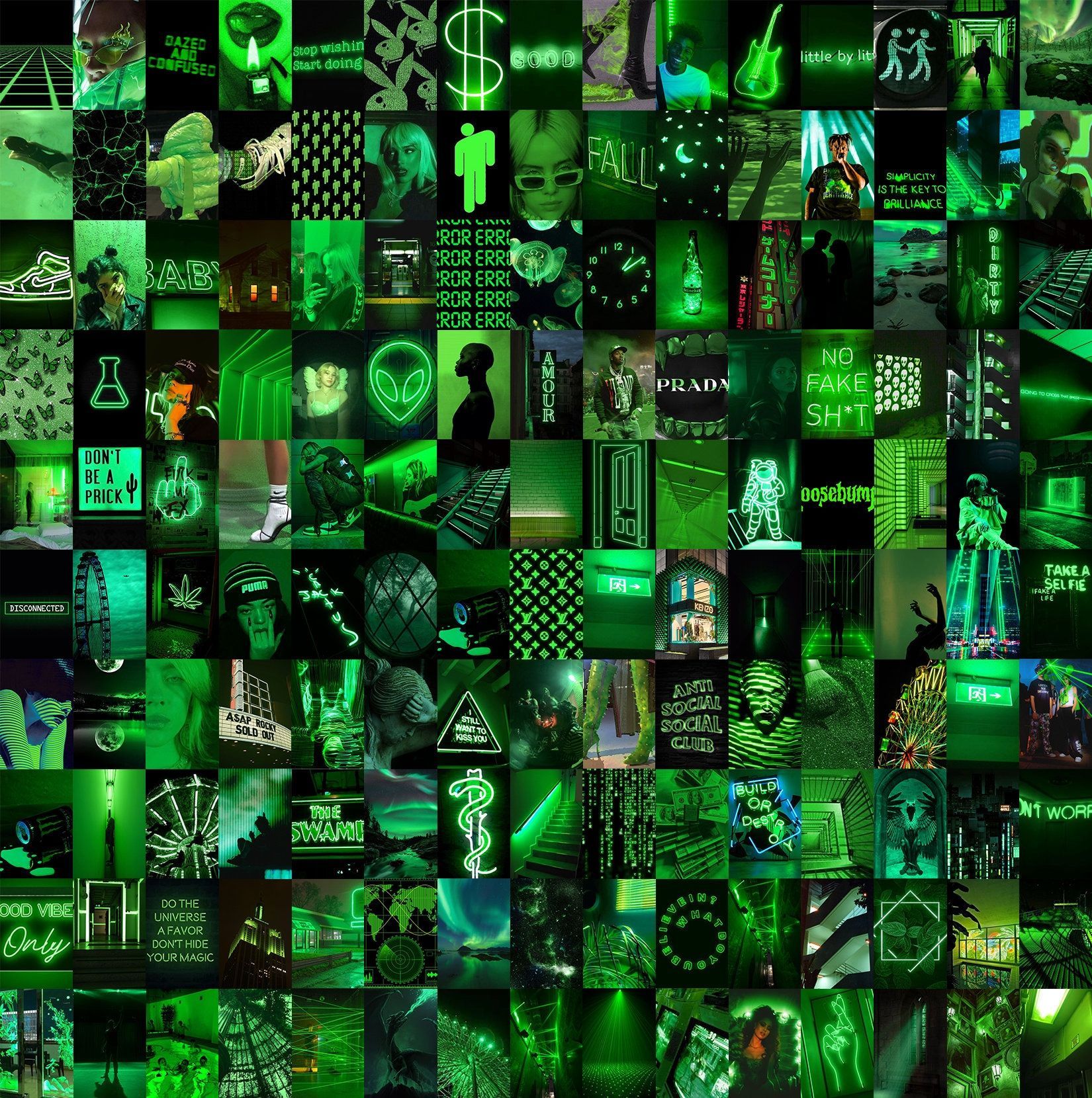 A collage of green aesthetic backgrounds. - Lime green