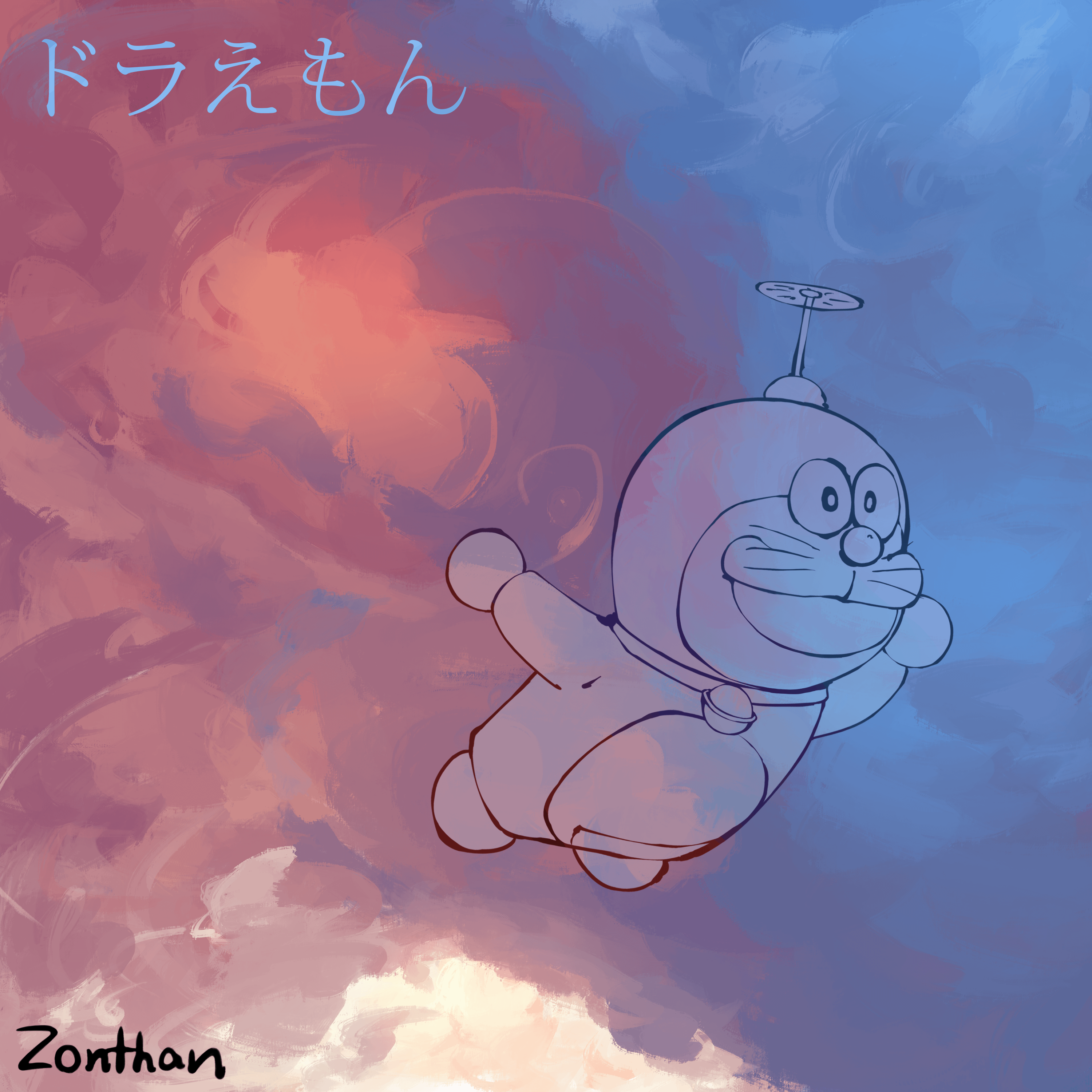 A drawing of Doraemon, the cat from the future, floating in the sky. - Doraemon