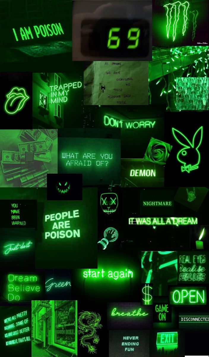Aesthetic green background with neon signs and quotes - Lime green