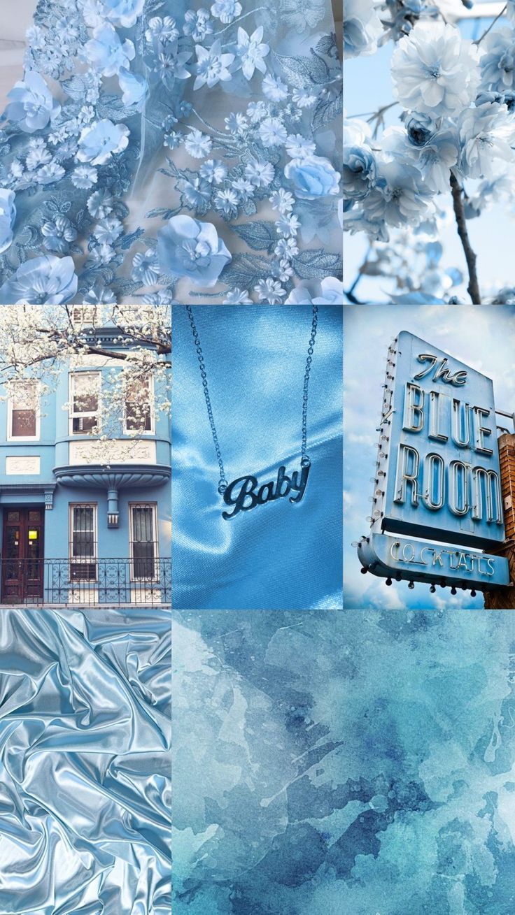 Aesthetic collage of blue and white images including flowers, a building, a necklace, and a sign. - Pastel blue