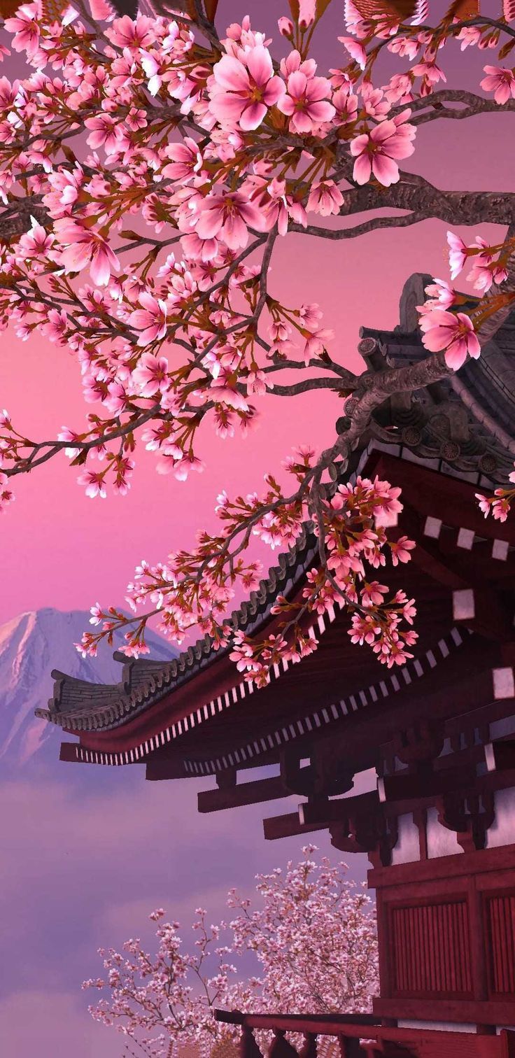 Cherry blossoms on a pink sky with a Japanese building. - Cherry blossom