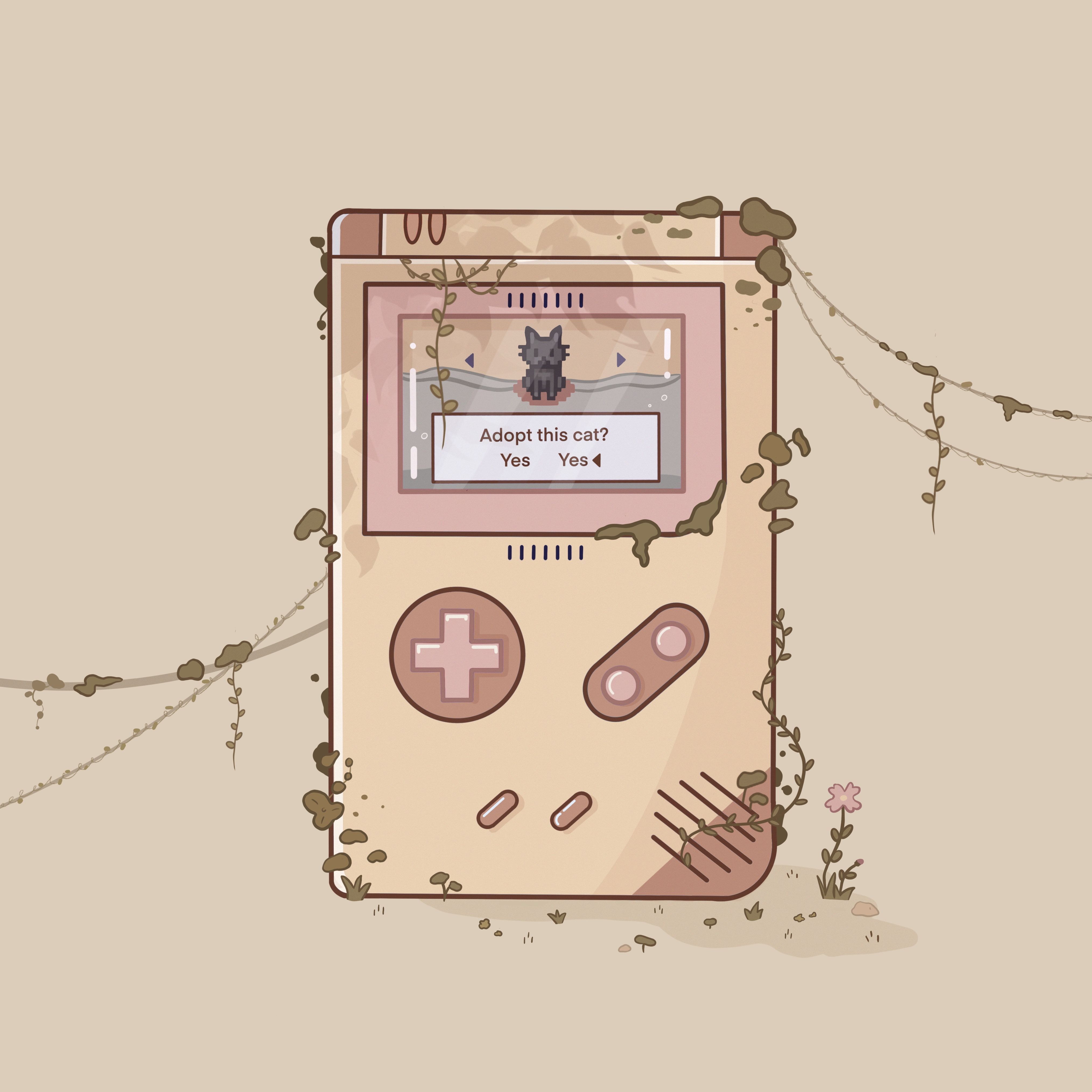 A Gameboy with vines growing on it and a cat on the screen - Game Boy