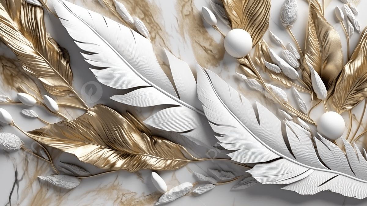 A white and gold feather wallpaper with a marble background. - Feathers