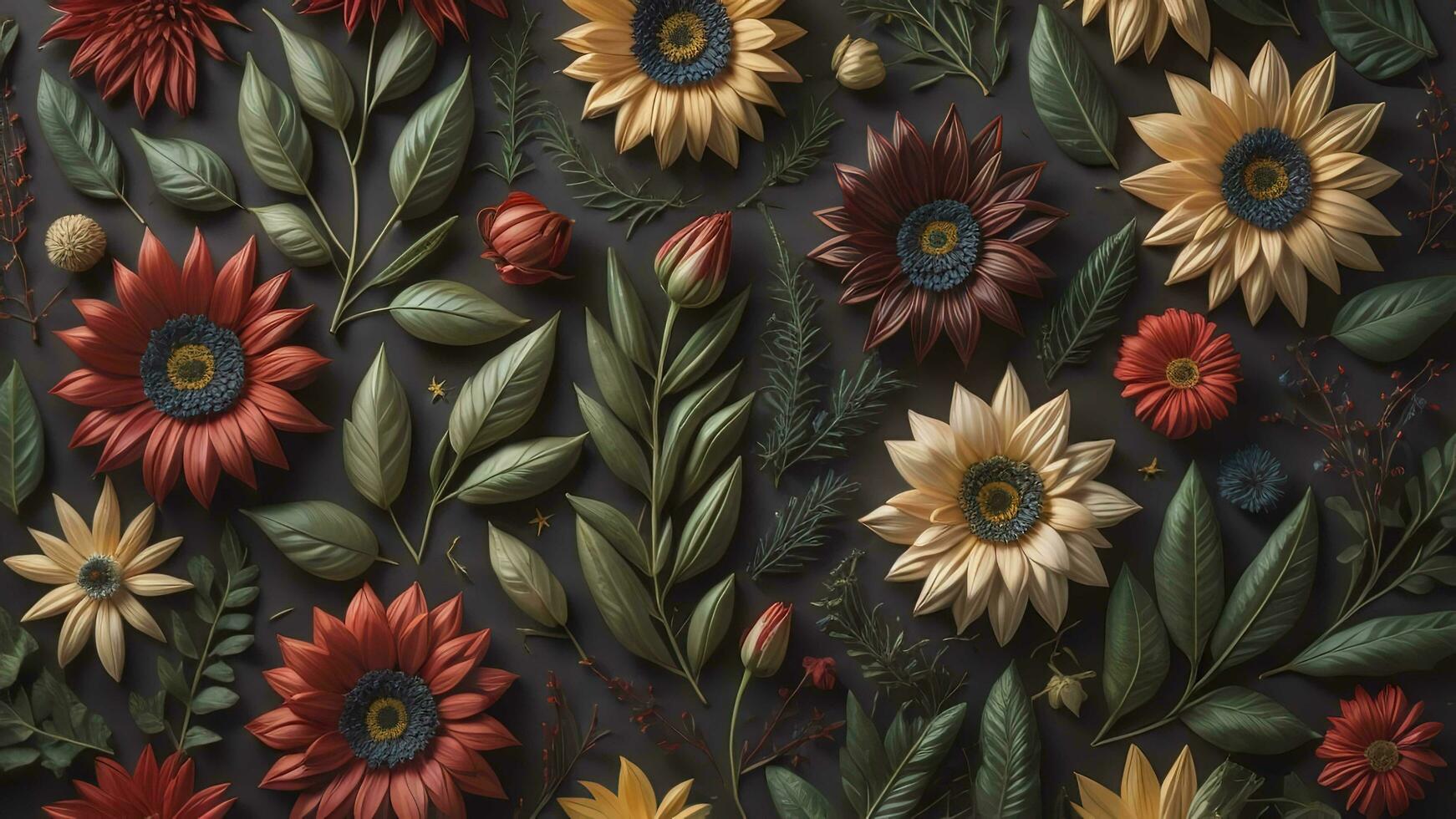 A pattern of sunflowers and leaves on a black background - Flat lay