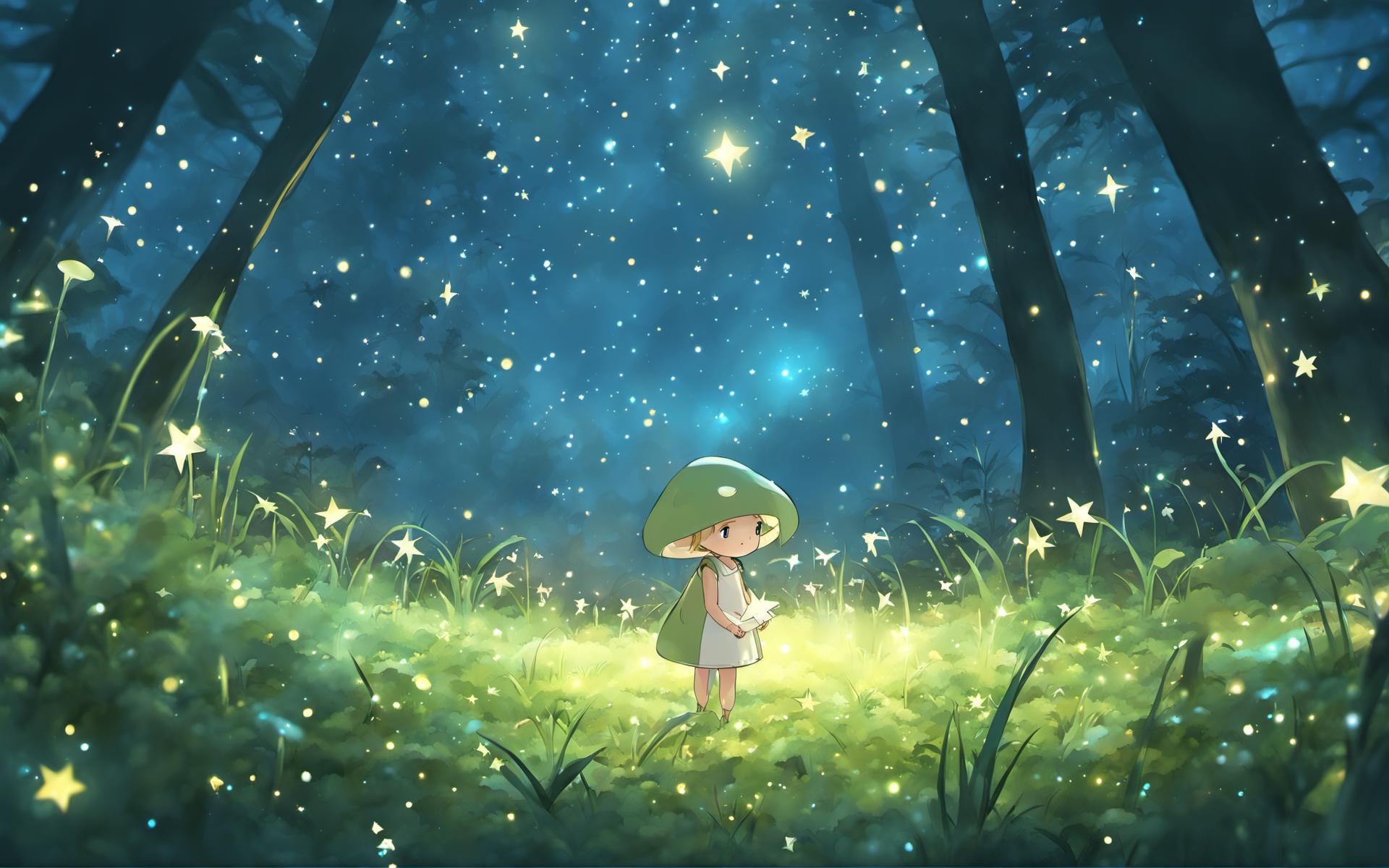 A small girl with a green hood and dress stands in a grassy clearing in a forest, surrounded by glowing stars. - My Neighbor Totoro