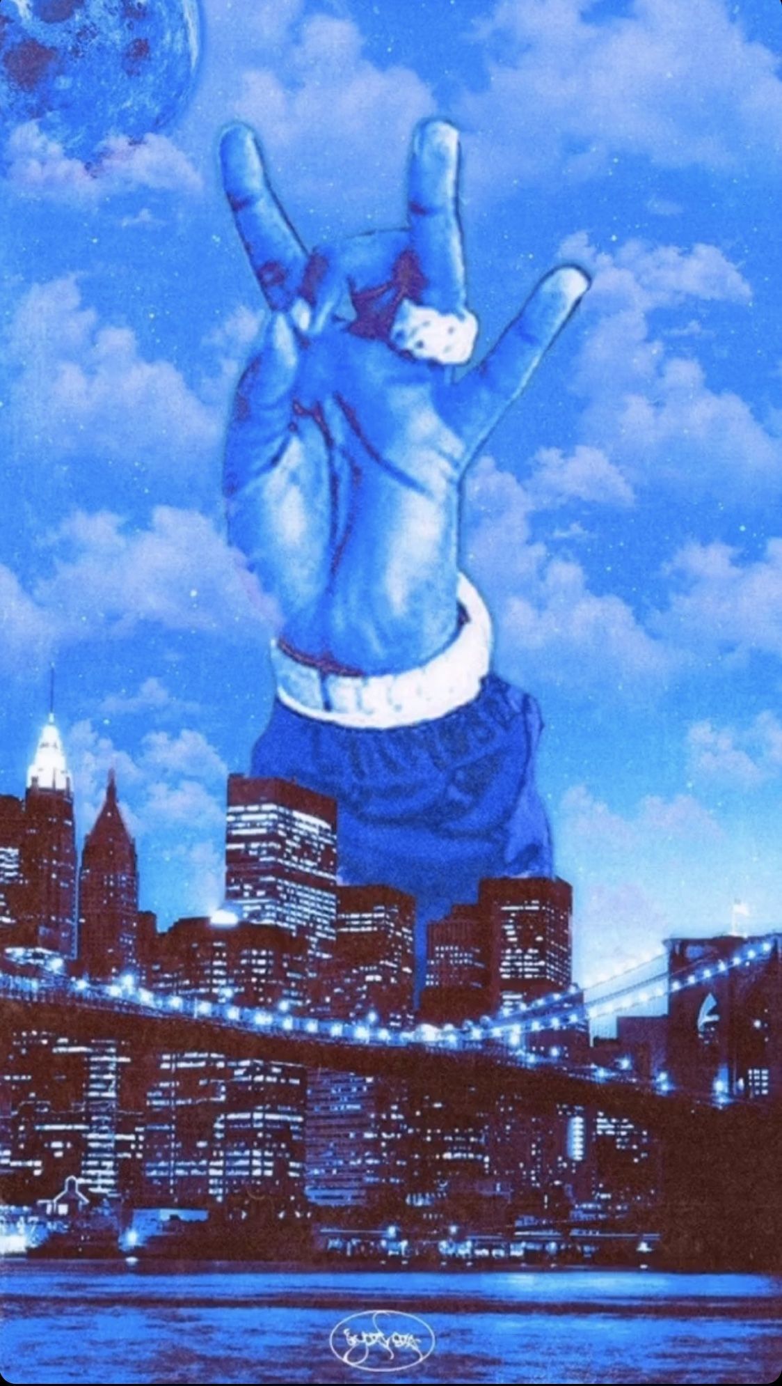 Blue iPhone wallpaper with a hand making the rock sign - Pop Smoke