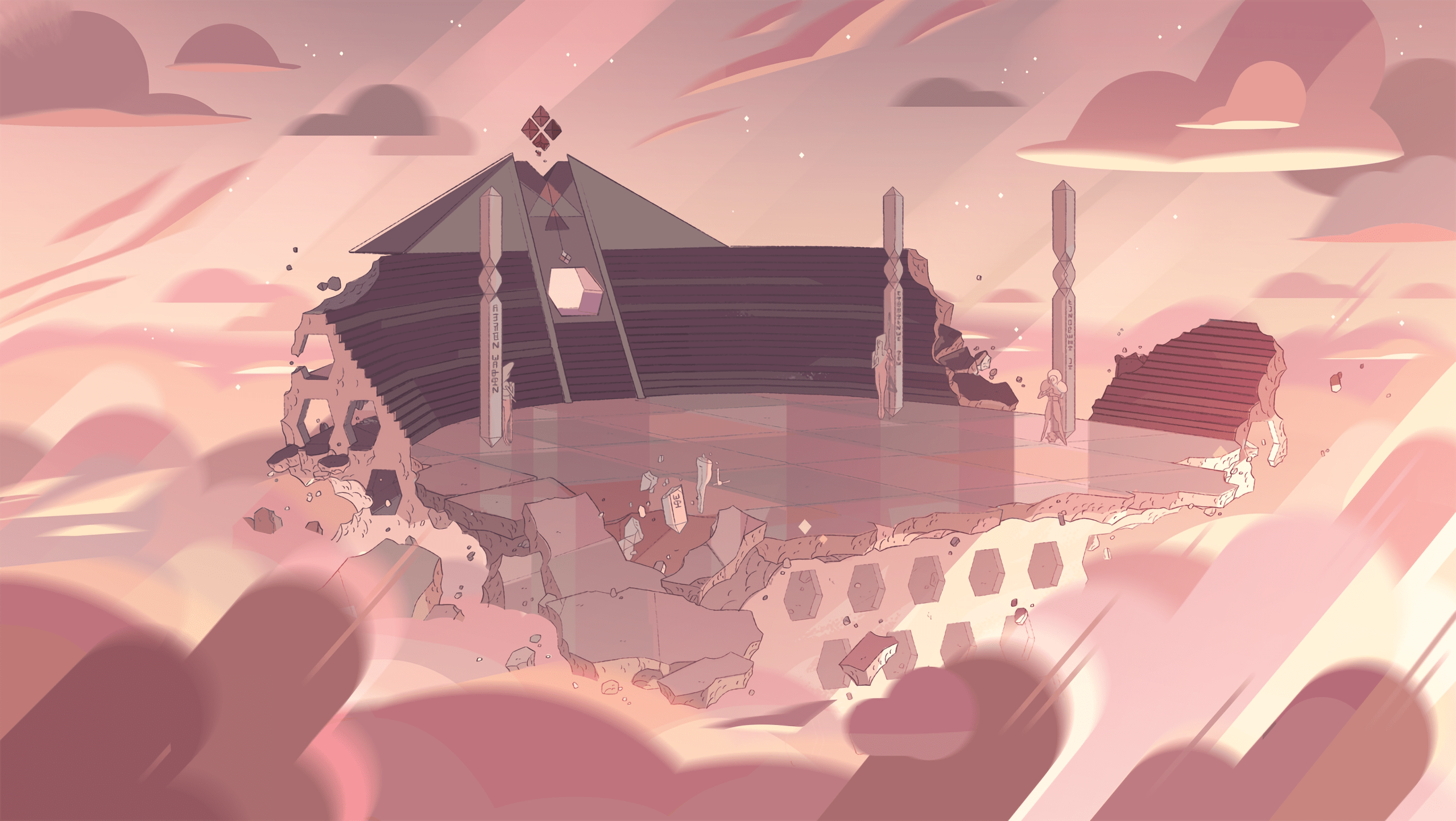 Steven Universe fanart of Jasper's lair. The background is a pink sky with clouds. The foreground is a large, cracked rock with a large hole in it. In the hole is Jasper's lair, which is a small cave with a large, triangular Jasper statue in the center. There are also two smaller, cube-shaped Jasper statues on the left and right sides of the cave. There is a ladder leading up to the top of the larger Jasper statue. - Steven Universe