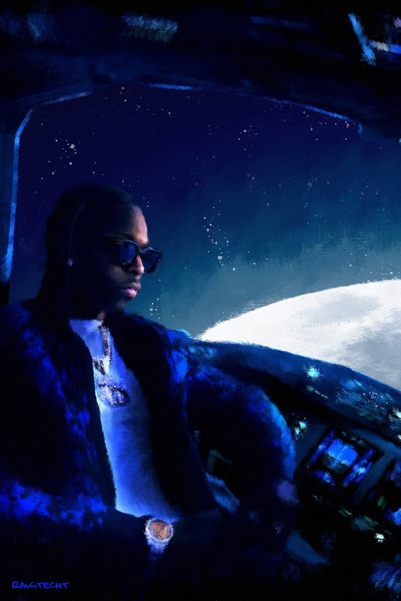 A digital painting of 2 Chainz sitting in a car at night with the moon in the background - Pop Smoke