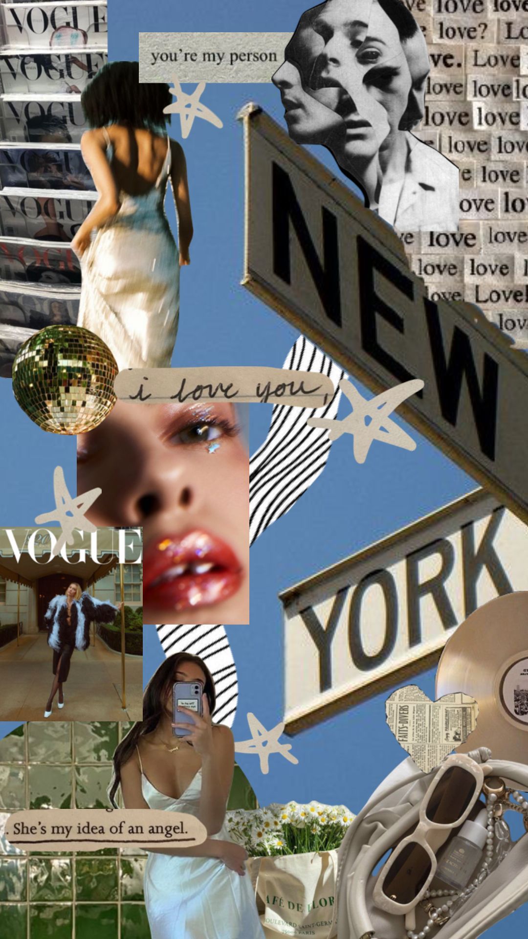 Aesthetic collage of photos from New York City, Vogue magazine, and a woman in a white dress. - Vogue