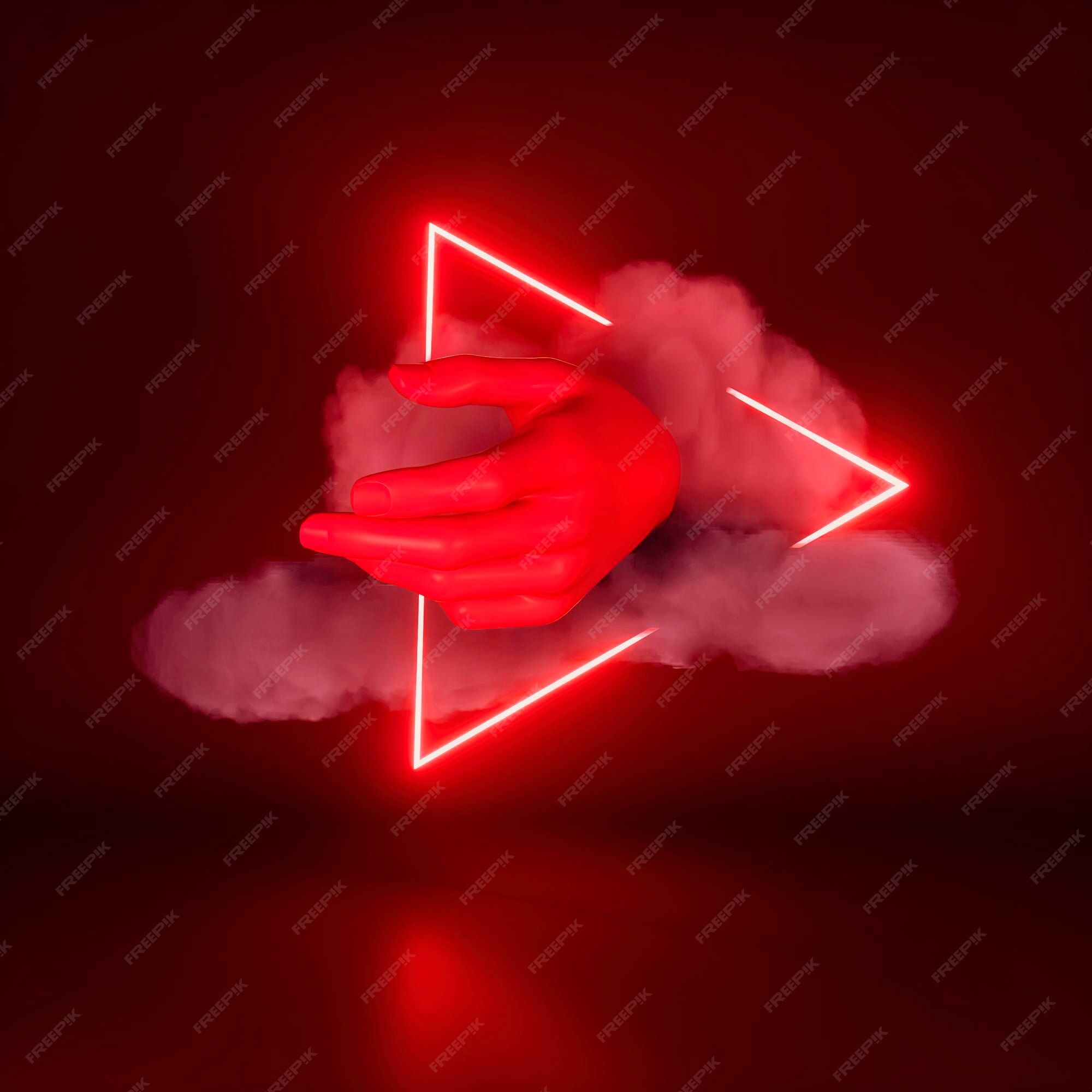 Red neon triangle and cloud with a pink hand - Neon red