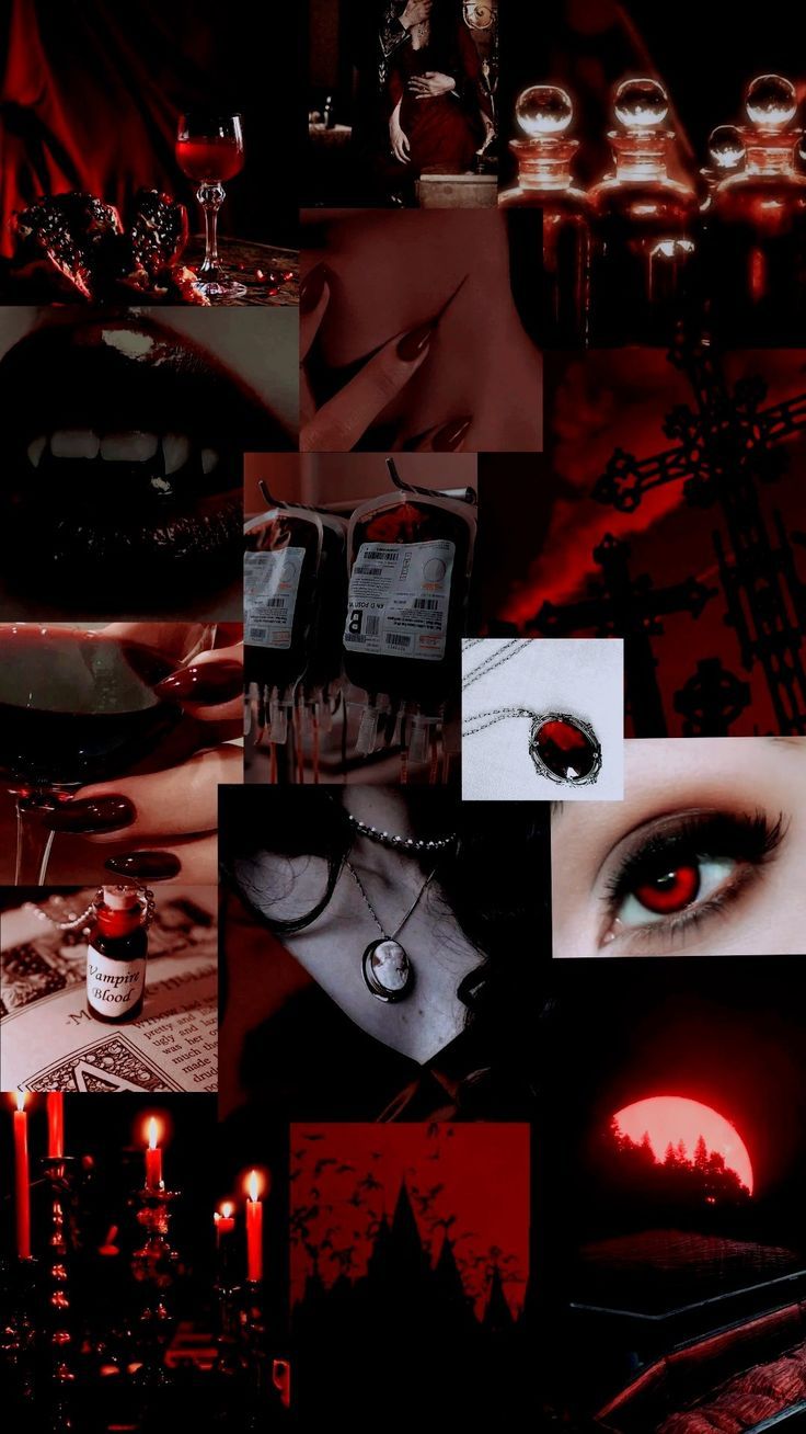 Aesthetic collage of red and black images including a blood bag, a necklace, a drop of blood, a red eye, a castle, and a red sunset. - Vampire