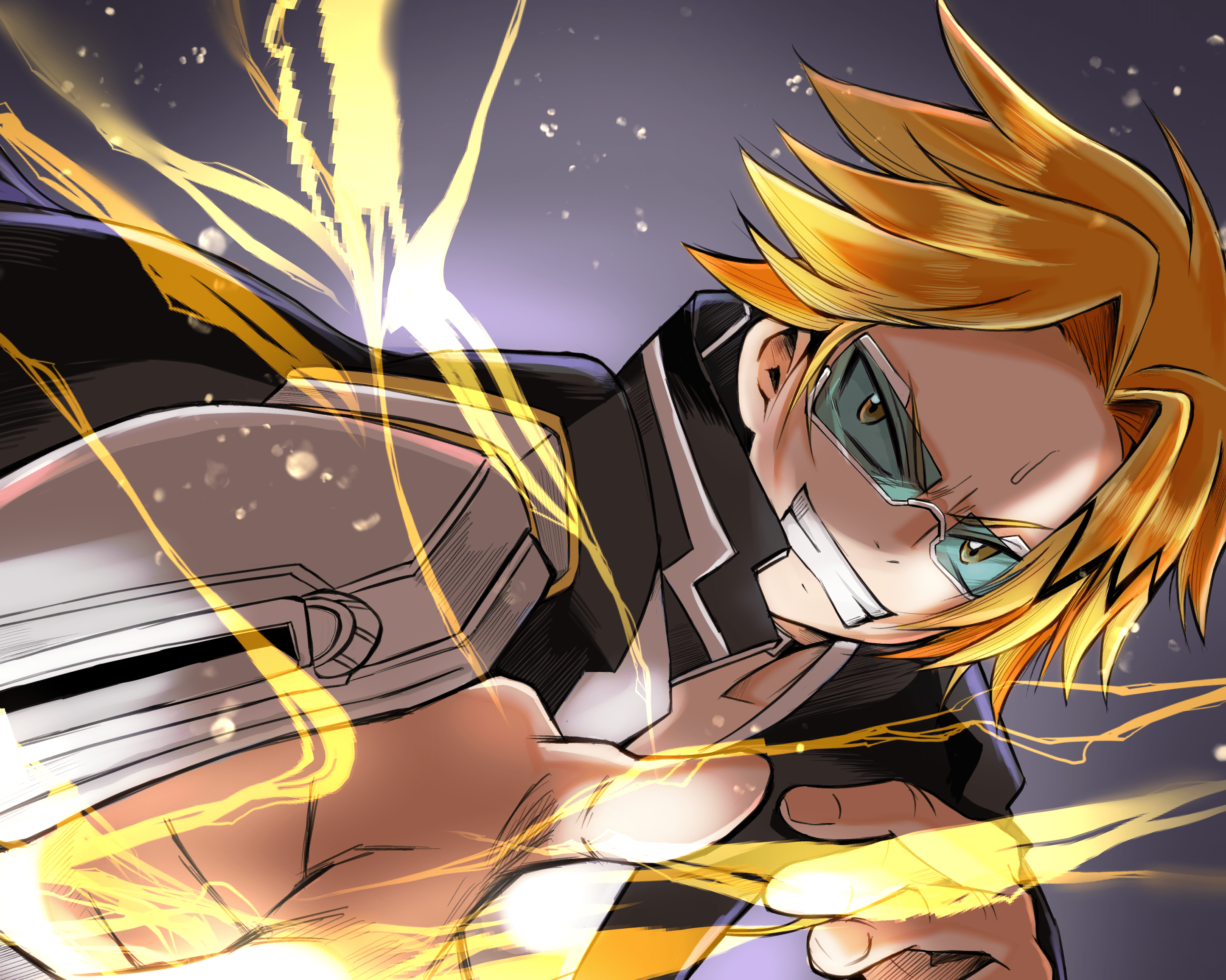 A blonde man with a white shirt and black jacket is using his powers to shoot yellow electricity from his hands. - Denki Kaminari