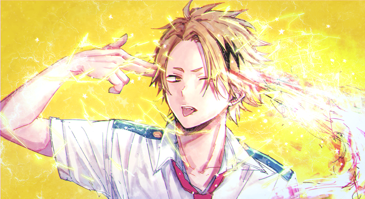 An anime character with a shocked expression and lightning coming out of his hand - Denki Kaminari