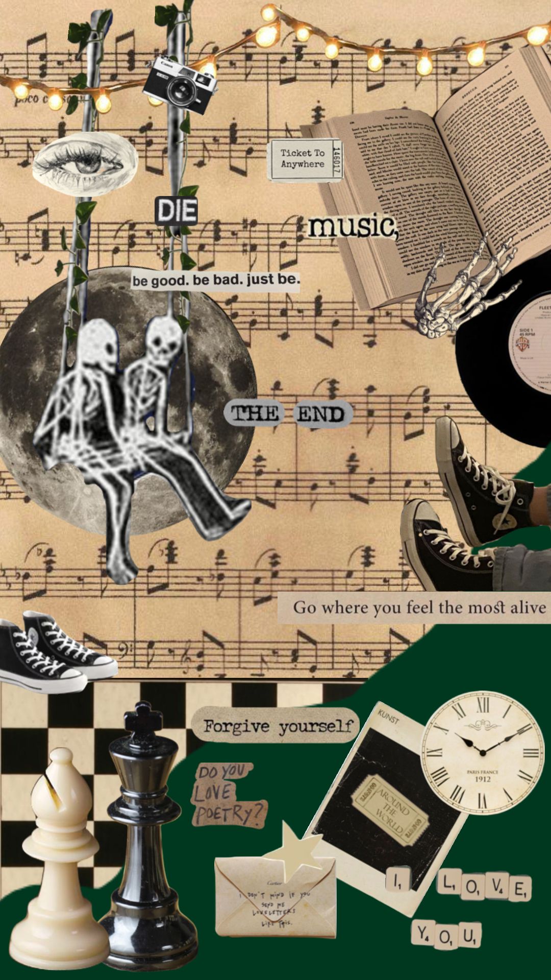 Aesthetic background with music notes, chess pieces, skeleton, clock, and book. - Chess, music, skeleton, books