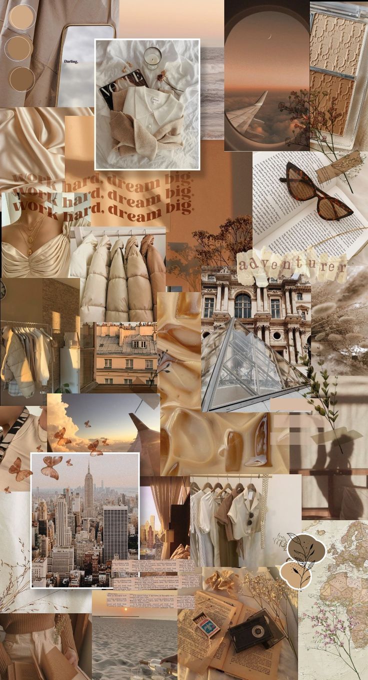 Aesthetic collage of brown and beige images, including a cityscape, a desert, a book, a map, and a woman in a white coat. - Beige