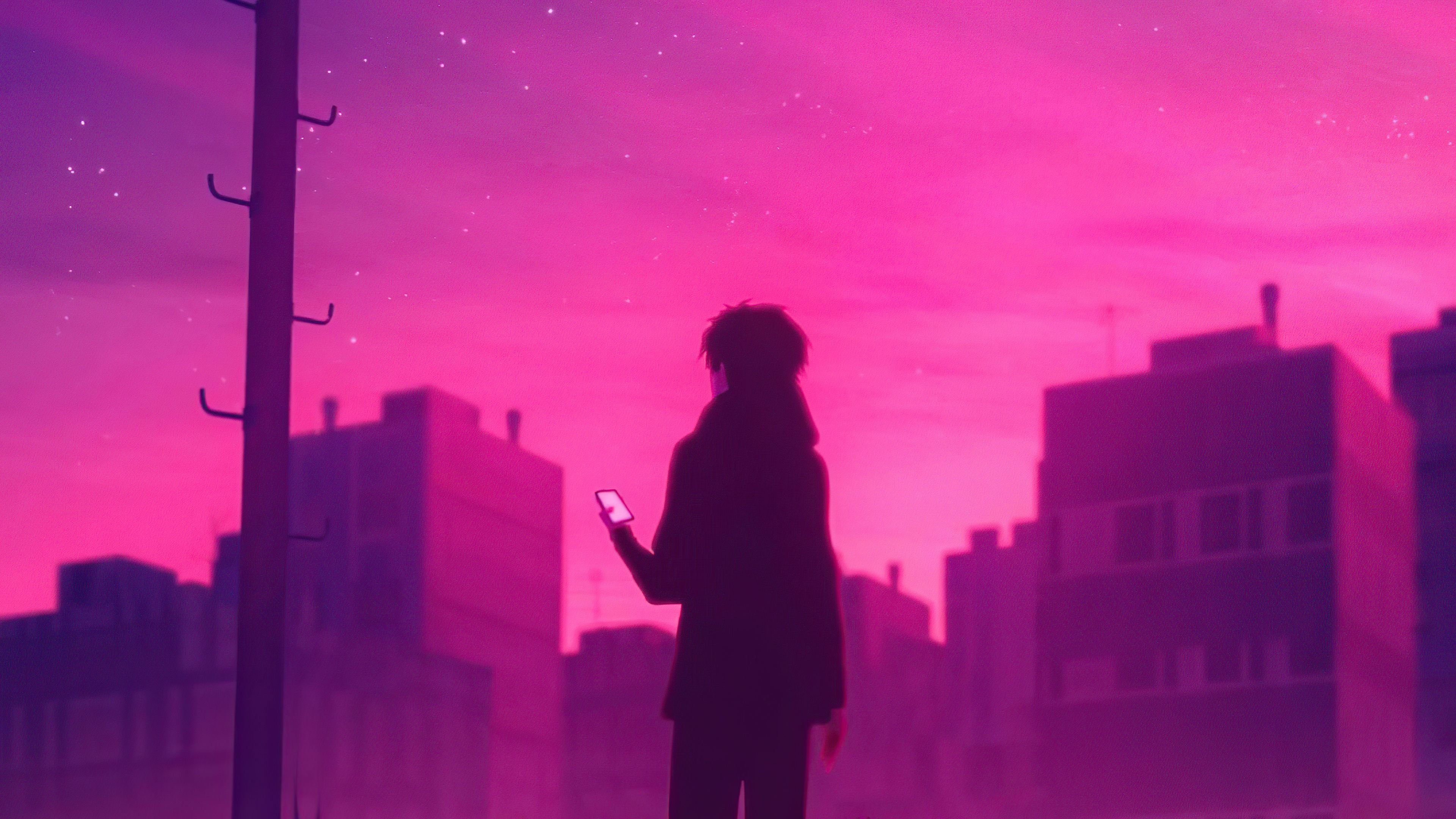 A silhouette of a person holding a phone, standing in front of a cityscape. - Hot pink