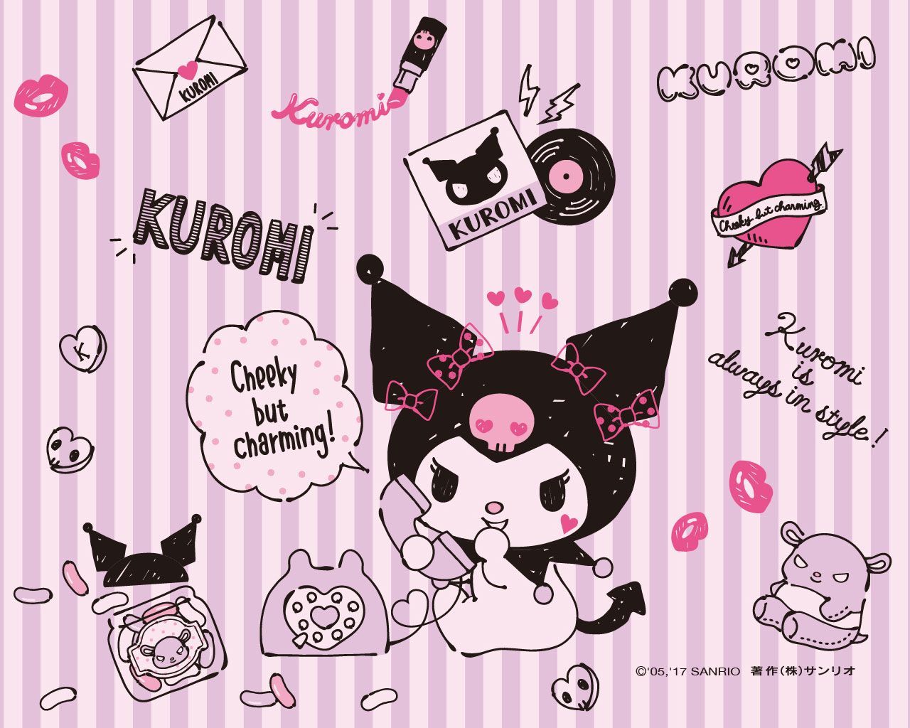 A Kuromi wallpaper with her on the phone and stickers around her - 1280x1024, Kuromi