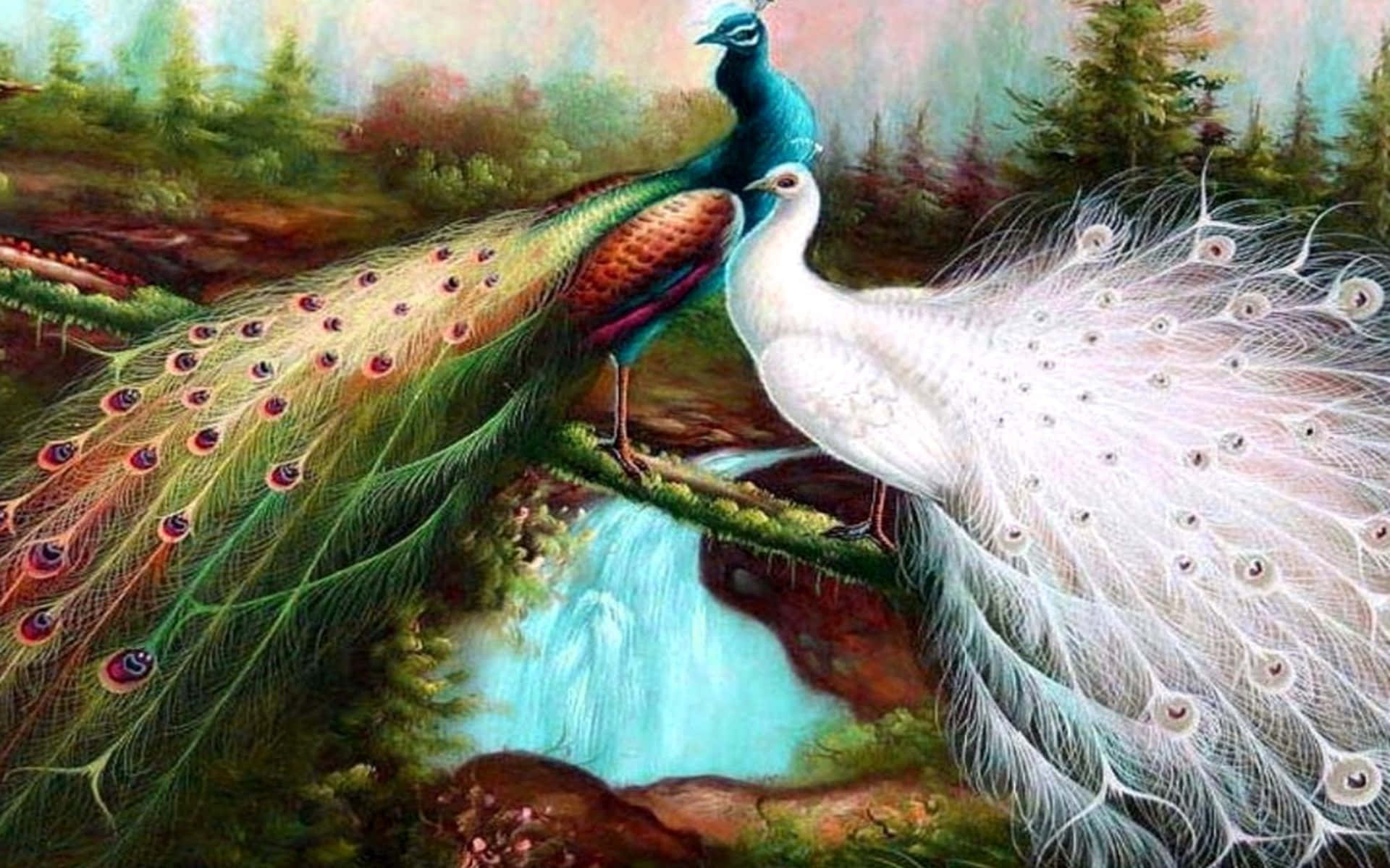 Two peacocks in love, one white and one green, in front of a waterfall. - Peacock