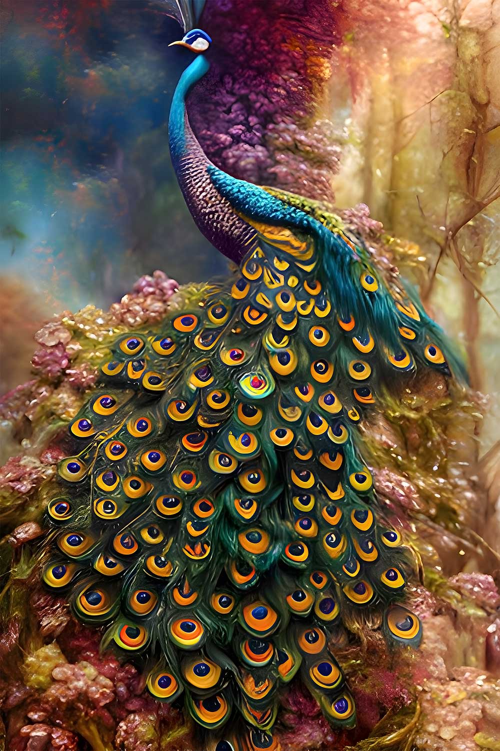 A diamond painting of a peacock on a branch. - Peacock