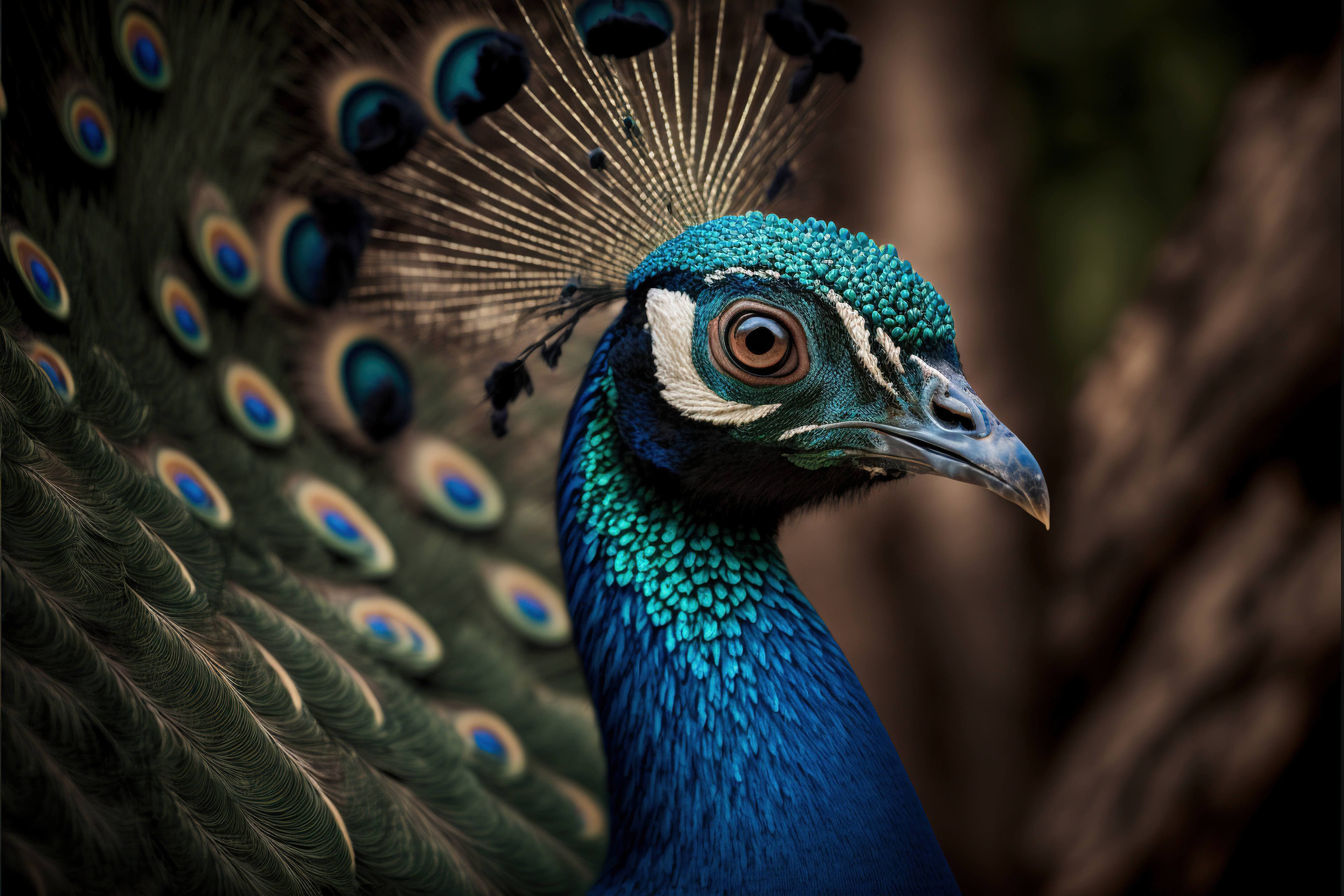 A blue peacock with its feathers spread out. - Peacock