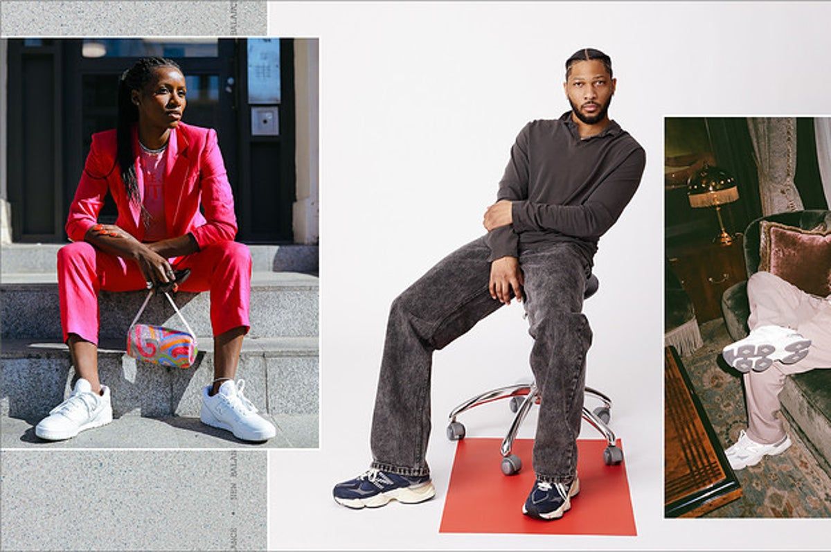 A collage of three photos. The first photo is of a woman sitting on steps wearing a pink suit and white sneakers. The second photo is of a man sitting on a stool wearing a black shirt and grey jeans with black sneakers. The third photo is of a man's foot wearing a white sneaker with a red and white checkered sock. - New Balance
