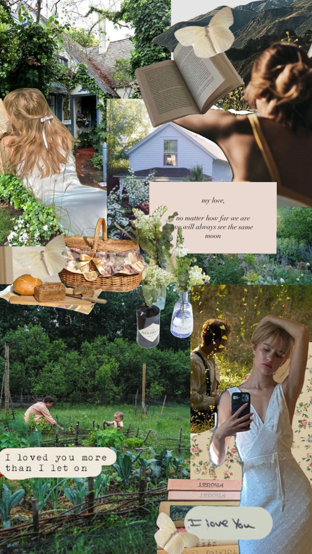A collage of photos of a girl, flowers, a picnic, and a book. - Cottagecore
