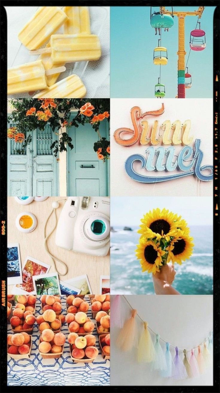 Collage of images of fruit, ice cream, sunflowers, and a camera. - Summer