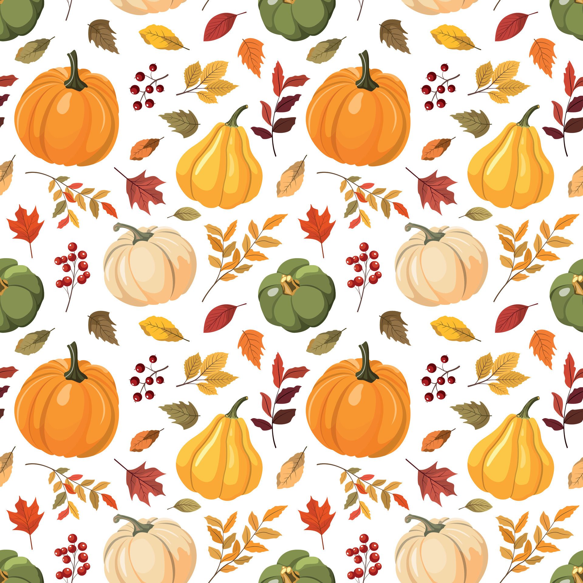 Autumn seamless pattern with colorful pumpkins, forest leaves and red berries. Vector illustration. Isolated on white background. Fall harvest, Thanksgiving wallpaper