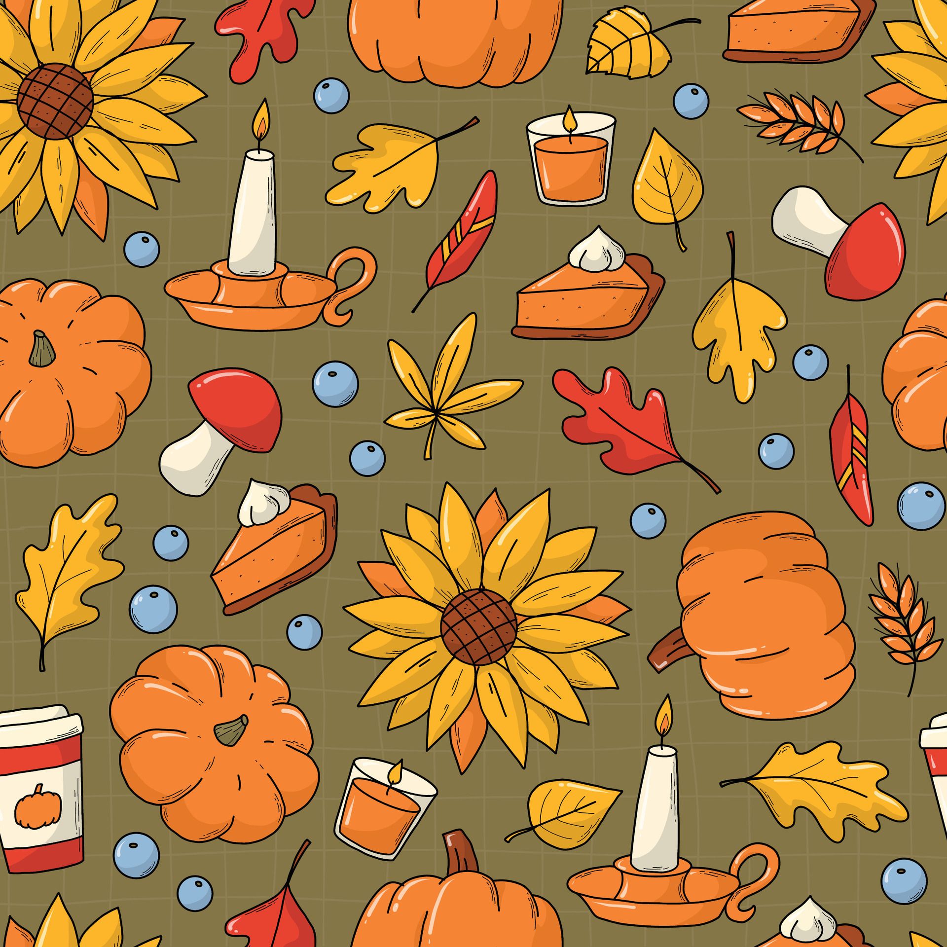 Thanksgiving seamless pattern with doodles on green background for wallpaper, textile prints, scrapbooking, packaging, wrapping paper, holiday decor, etc. EPS 10