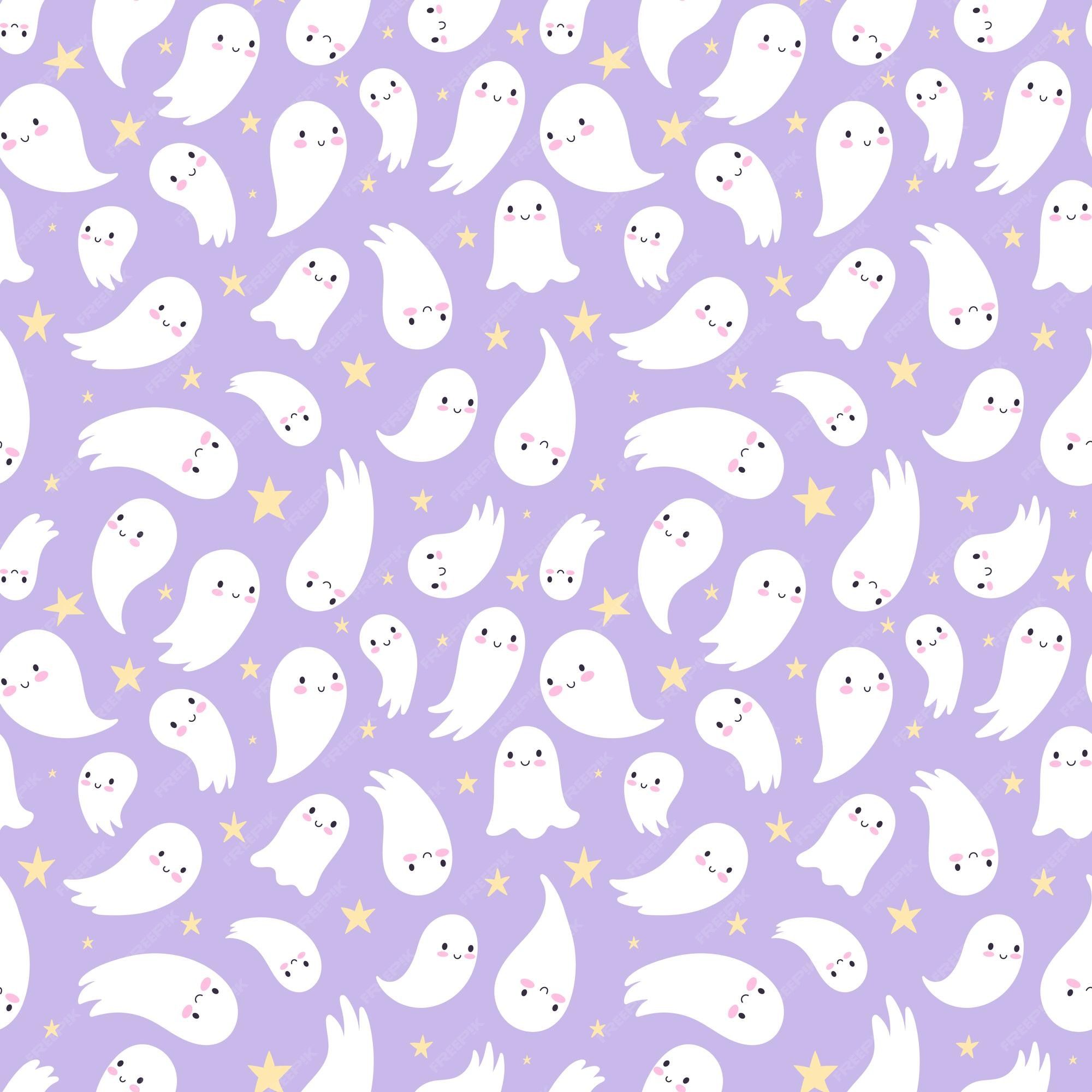 Premium Vector. Halloween seamless pattern childish seamless background with cute ghosts